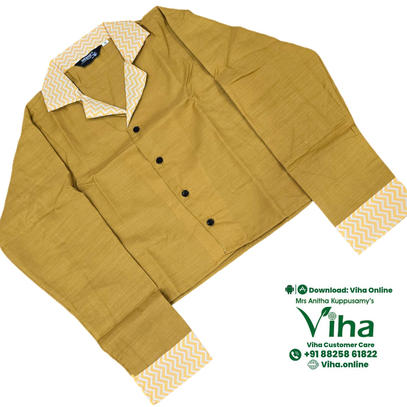 Women Shirt, mustard yellow, notch lapel collar with white and yellow chevron pattern