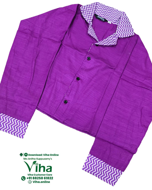 Women Shirt, purple and white, chevron pattern on collar and cuffs