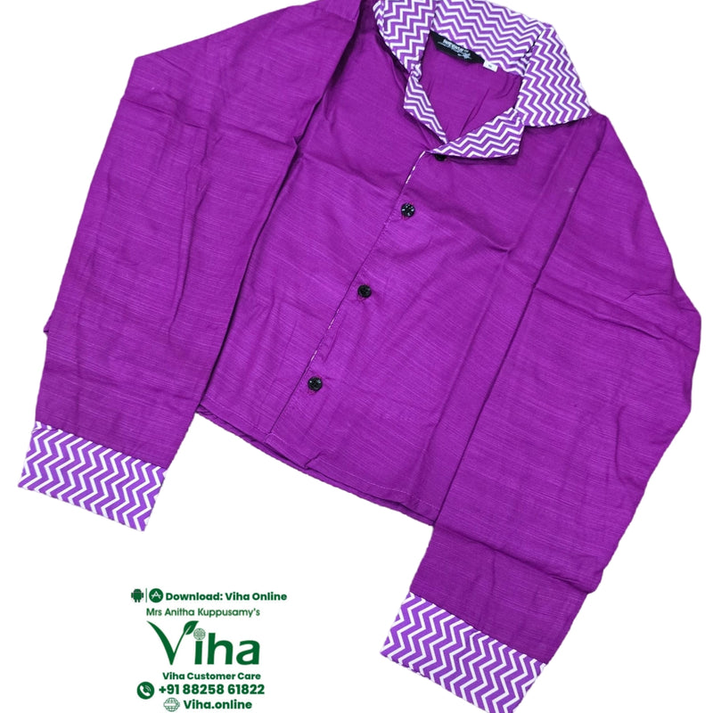 Women Shirt, purple and white, chevron pattern on collar and cuffs