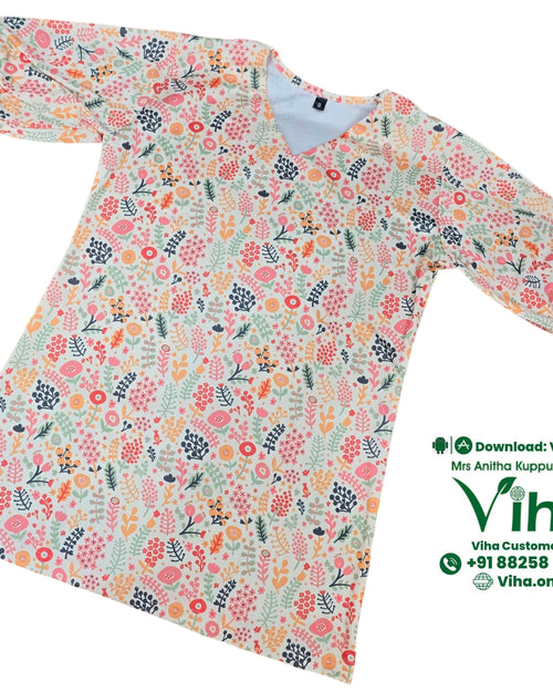 Women Shirt / Size - S, a long-sleeved V-neck tunic featuring a multicolored floral and leaf print over a white base