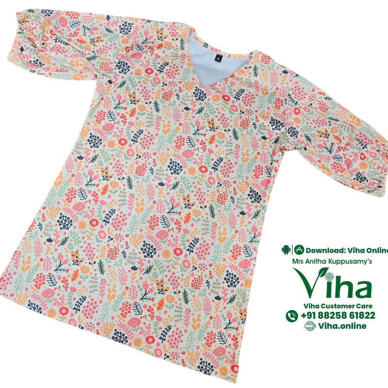 Women Shirt / Size - S, a long-sleeved V-neck tunic featuring a multicolored floral and leaf print over a white base