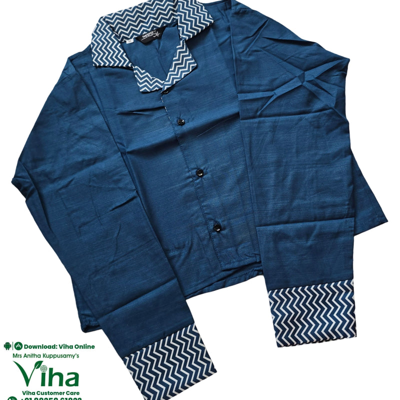 Women Shirt, blue, notch lapel collar with white and blue zig-zag pattern