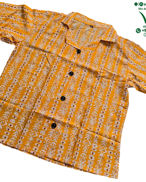 Women Shirt / Size - XXL, yellow with white and reddish-brown pattern, short sleeves