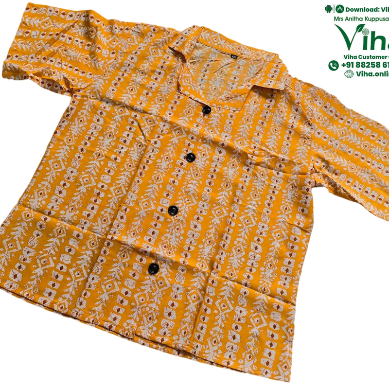 Women Shirt / Size - XXL, yellow with white and reddish-brown pattern, short sleeves