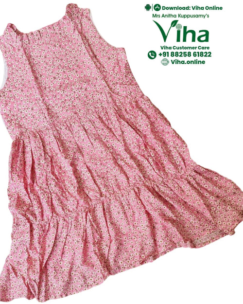 Women Shirt / Size - L, a pink sleeveless tiered dress with a white floral print and a ruffled neckline