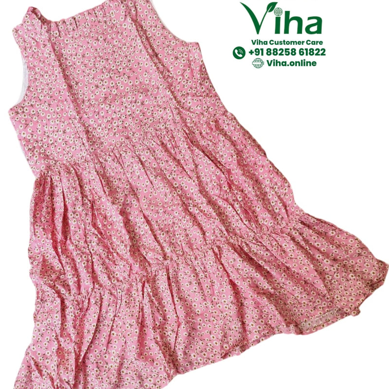 Women Shirt / Size - L, a pink sleeveless tiered dress with a white floral print and a ruffled neckline