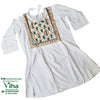 Women Shirt, a white tunic featuring a square embroidered panel with green, pink, and gold-toned floral motifs and a tie-neck closure with tassels