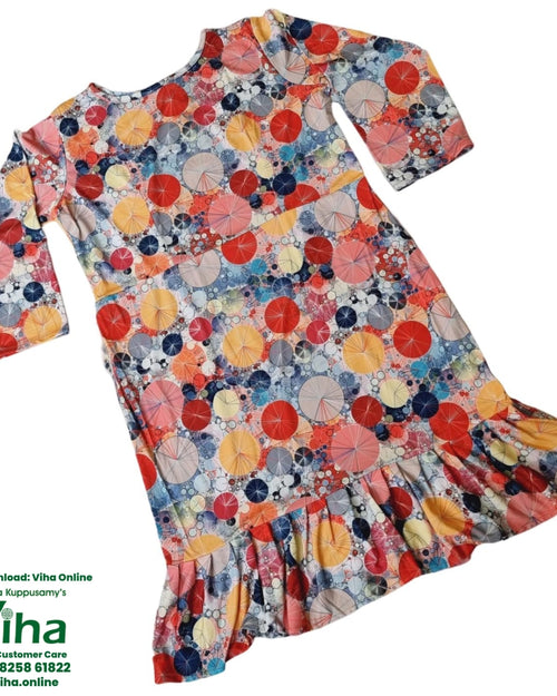 Women Top / Size - XXL, a long-sleeved dress with a ruffled hem, featuring a colorful circular abstract print in red, blue, yellow, and grey on a matte fabric