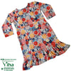 Women Top / Size - XXL, a long-sleeved dress with a ruffled hem, featuring a colorful circular abstract print in red, blue, yellow, and grey on a matte fabric