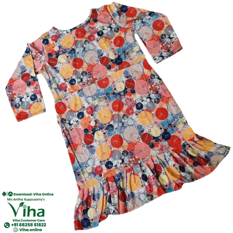 Women Top / Size - XXL, a long-sleeved dress with a ruffled hem, featuring a colorful circular abstract print in red, blue, yellow, and grey on a matte fabric