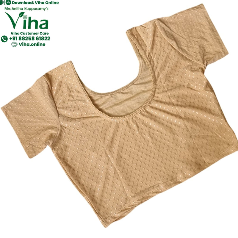 Stretchable Readymade Blouse, beige with a scoop neckline and short sleeves