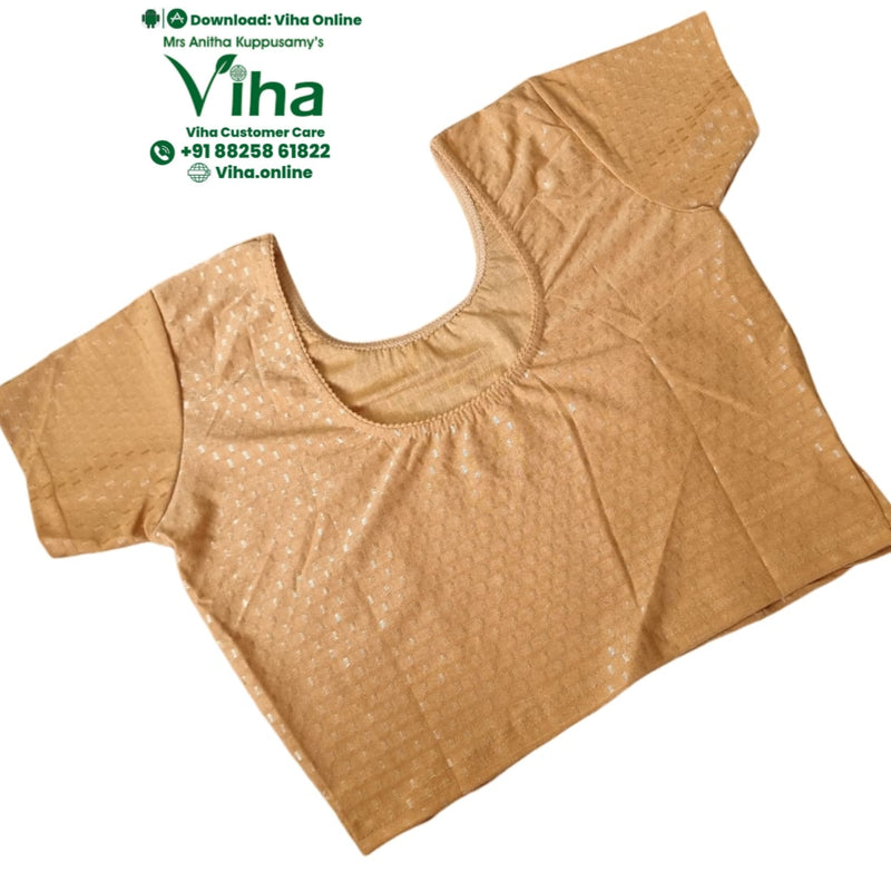 Stretchable Readymade Blouse Golden Colour - Size XXL, a gold-toned blouse featuring a scoop neckline and short sleeves with a repeating square pattern