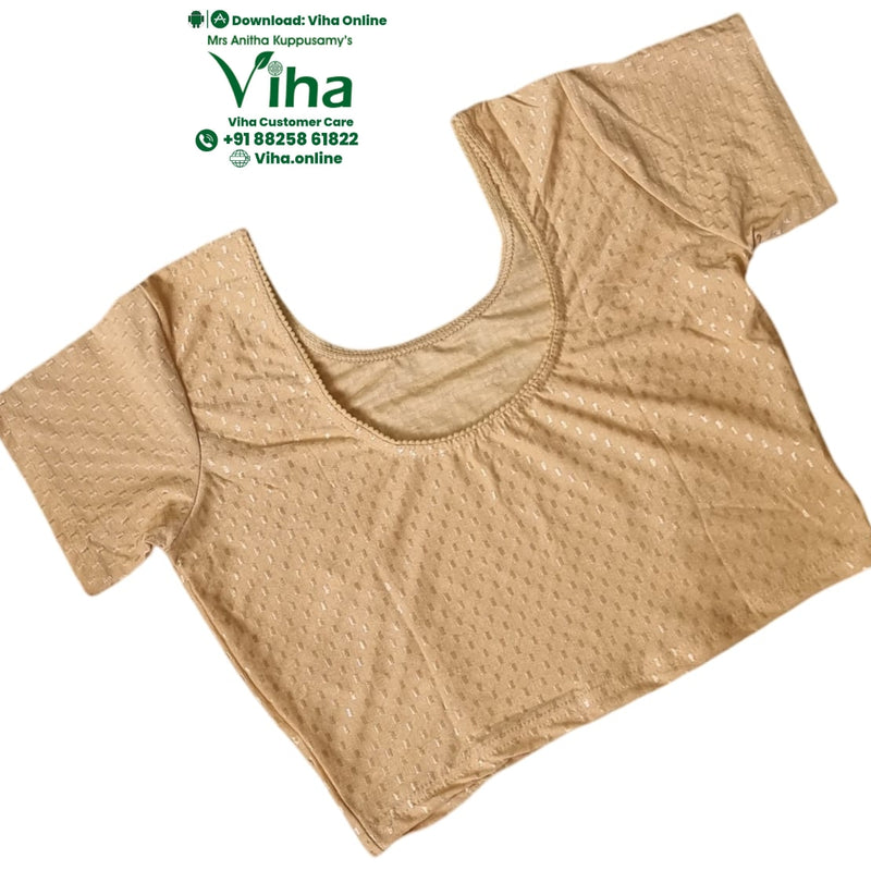 Stretchable Readymade Blouse, beige with a scoop neckline and textured pattern