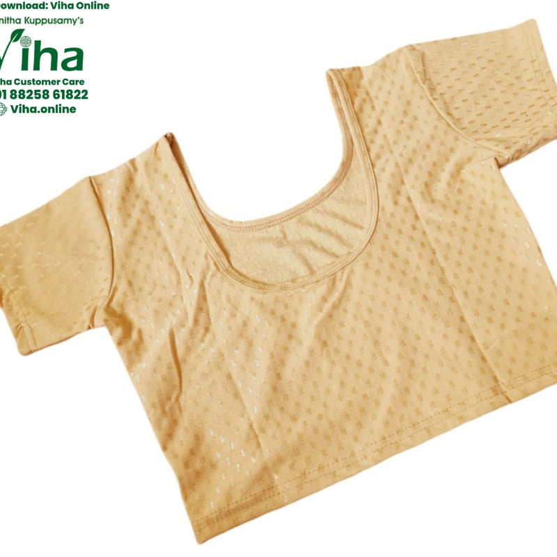Stretchable Readymade Blouse, beige with a scoop neckline and short sleeves