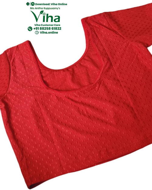 Stretchable Readymade Blouse, red with a scoop neckline and short sleeves
