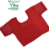 Stretchable Readymade Blouse, a short-sleeved red blouse featuring short sleeves with a geometric patterned overlay and a scoop neckline