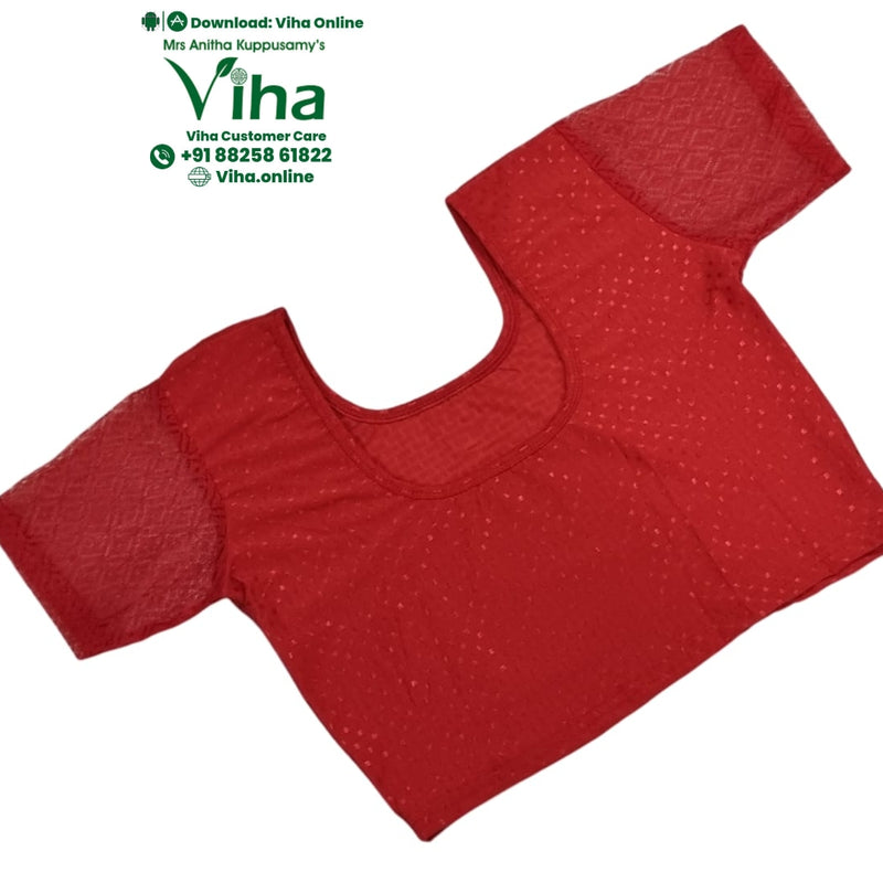 Stretchable Readymade Blouse, a short-sleeved red blouse featuring short sleeves with a geometric patterned overlay and a scoop neckline