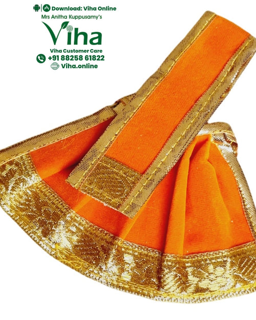 Amman Pavadai Set, an orange pleated garment featuring shiny gold-toned embroidered trim edging along its hems