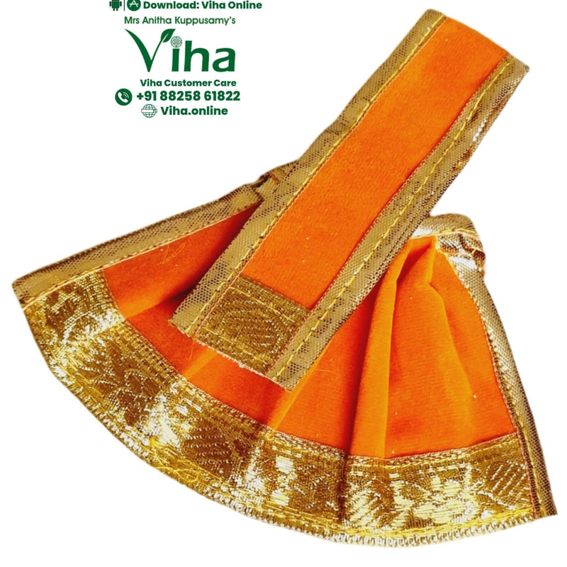 Amman Pavadai Set, an orange pleated garment featuring shiny gold-toned embroidered trim edging along its hems