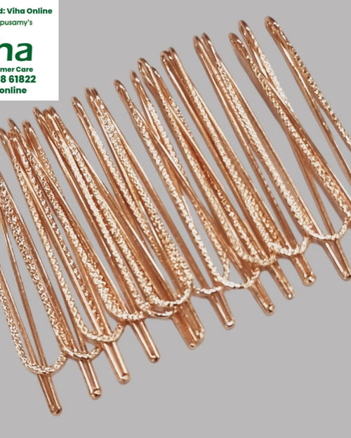 Saree Pin Set of 12, twelve shiny copper-toned saree pins with textured tops, arranged diagonally