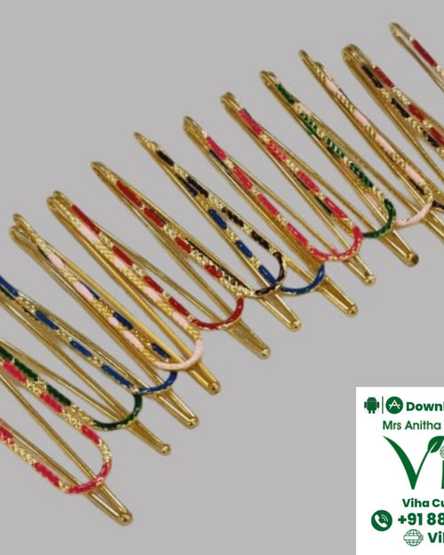 Saree Pin Set of 12, glossy gold-toned teardrop saree pins with enamel patterns in red, pink, green, dark blue and black