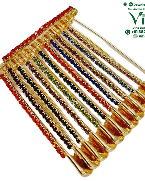 Saree Pin Multi Colour - 12 Pcs, multiple safety pins linked together