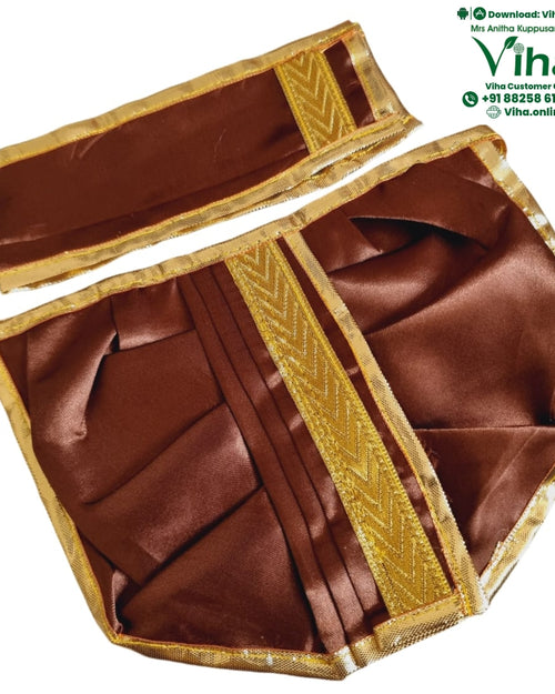 Ganesha Dhoti, two shiny brown fabric items with gold-toned patterned trim, comprising a pleated lower garment and a matching rectangular sash