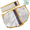 Ganesha Dhoti, white fabric set with gold-toned borders and a blue patterned vertical stripe on the larger garment
