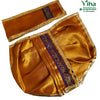 Ganesha Dhoti, two glossy golden textiles with blue patterned borders and golden trim