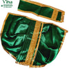 Ganesha Dhoti Set, a shiny green fabric set featuring a pleated skirt with a gold-toned patterned border and a matching top trim