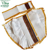 Ganesha Dhoti Set, a white pleated garment with shiny gold-toned borders and a red, black, and gold-toned decorative stripe, accompanied by a matching piece