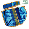 Ganesha Dhoti Set, a shiny blue and gold-toned two-piece fabric set with pleated center detailing and metallic trim