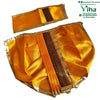 Ganesha Dhoti Set, a yellow-toned two-piece set edged with golden borders and a vertical striped panel