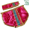 Ganesha Dhoti Set, a shiny pink and gold-toned set with a small band and a larger flared piece with a blue central stripe