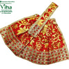 Amman Pavadai Set, a red and gold-toned patterned pleated fabric skirt set featuring a checkered metallic border and a matching diagonal sash strip
