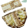 Ganesha, two gold-toned shiny fabric pieces featuring vertical coin-like embellishment strips and textured metallic borders