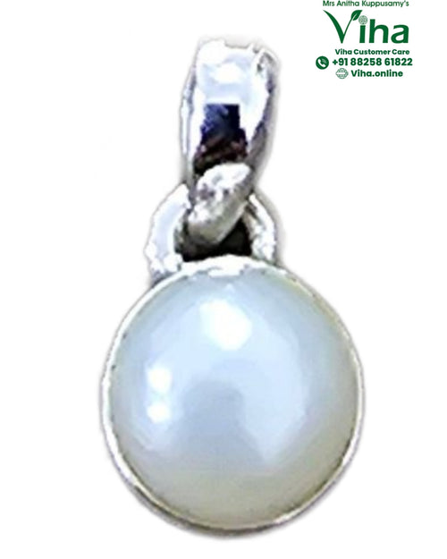 Pearl Pendant, a round white pearl set in a silver-toned bail
