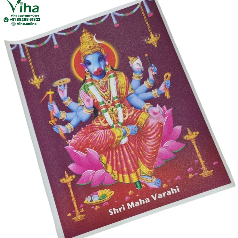 Varahi Amman Photo - Big, a sparkly rectangular print features a blue-skinned multi-armed figure seated on a pink lotus amid lamps and garlands