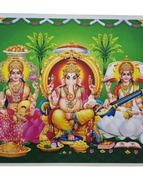 Lakshmi Ganesha Saraswathy Photo - Big, a rectangular poster depicting three figures seated on lotus flowers, with ornate arches and green background
