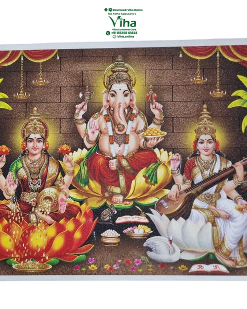 Ganesha Mahalakshmi Saraswathy Photo - Big, a framed picture of three figures sitting on lotuses with musical instruments and coins