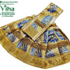 Amman Pavadai Set, a gold-toned and blue fabric garment featuring paisley motifs and decorative metallic braid trim
