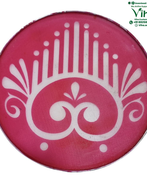 Rangoli Stencil Plate, pink stencil plate with a white peacock-style decorative pattern