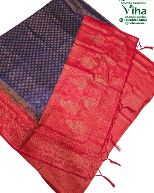 Soft Silk Saree With Blouse & With Stone Work, blue and red woven patterns