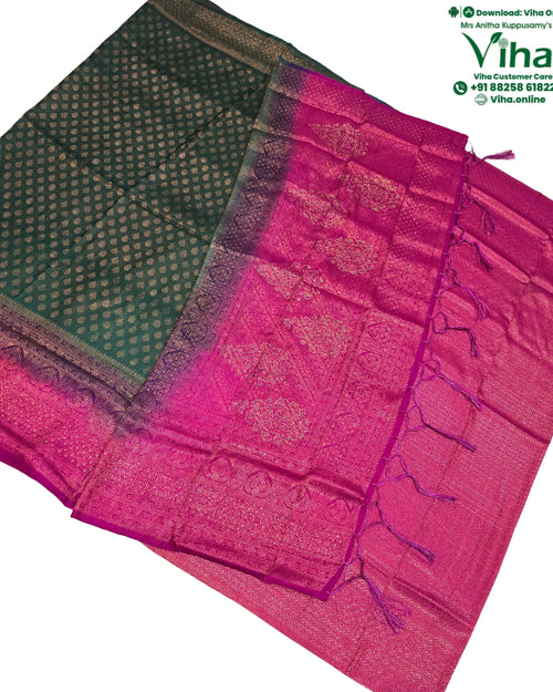 Soft Silk Saree With Blouse & With Stone Work, dark green and magenta with small woven patterns and decorative border