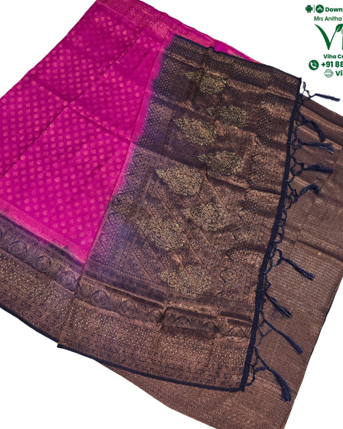 Soft Silk Saree With Blouse & With Stone Work, pink and dark grey woven pattern