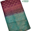 Soft Silk Saree With Blouse & With Stone Work, a folded maroon and teal gradient textile with gold-toned brocade patterns and scattered dots