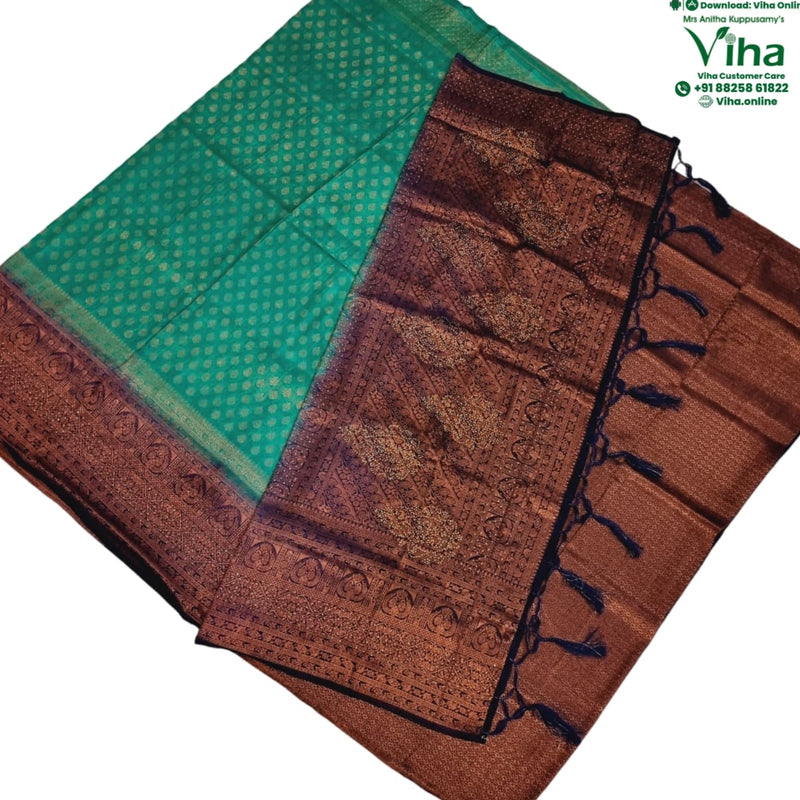 Soft Silk Saree With Blouse & With Stone Work, green and dark brown with repeating pattern and ornate border