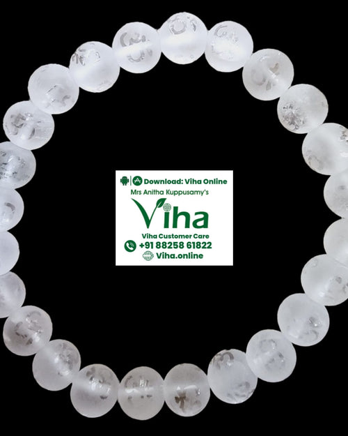 Real Sphatik Bracelet, frosted clear beads with faint Om symbol carvings