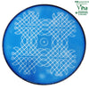 Rangoli Stencil Plate, a round blue plaque featuring a white interwoven geometric pattern with a central concentric circle and a thin dark border