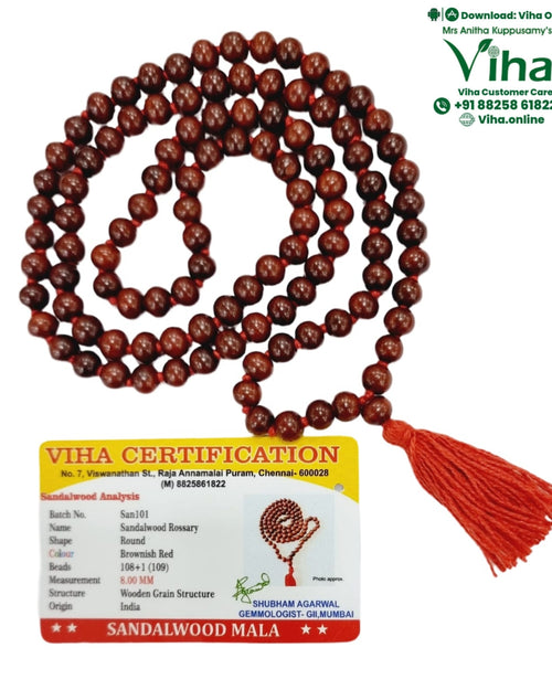 Red Sandal Wood Mala - 108+1 Beads, a brownish-red bead strand with smooth finish and a red tassel